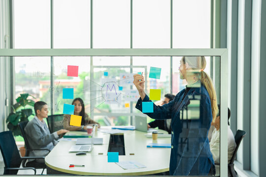 Professional manager maps concepts on glass wall during collaborative workshop. Team members contribute insights and support creative problem solving for business growth.