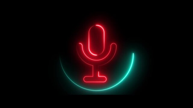 Glowing neon red and cyan color microphone icon animation audio mic voice record circle multimedia on black background