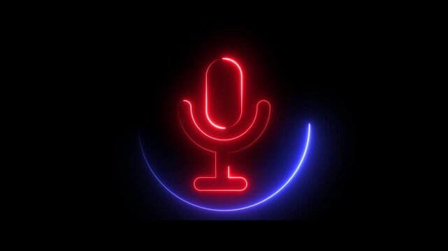 Glowing neon red and blue color microphone icon animation audio mic voice record circle multimedia on black background