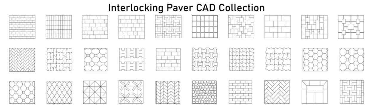 Interlocking Paver CAD Collection Brick Patterns, Concrete Blocks, Modular Pavement Layouts and Hardscape Surface Designs &ndash; CAD Block Set Top View, Clean Thin Line Architectural Style