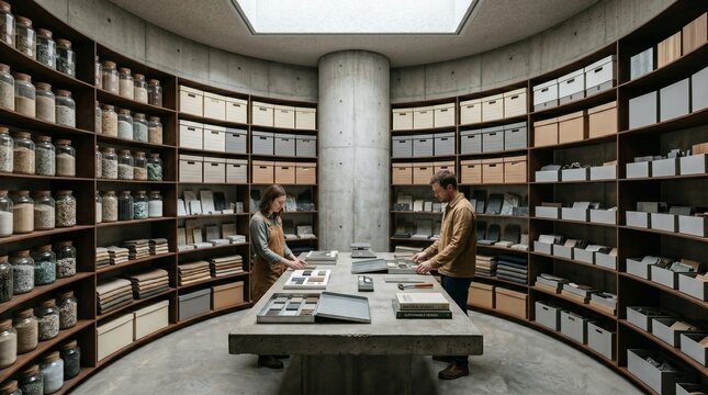 Circular Workshop Library With Oxidized Steel Shelves And Concrete Core