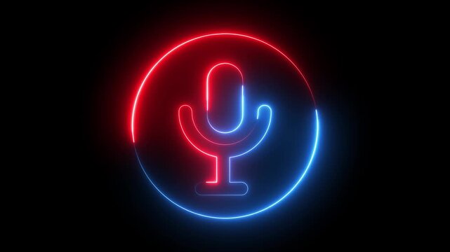 Glowing neon red and blue color microphone icon animation audio mic voice record circle multimedia on black background