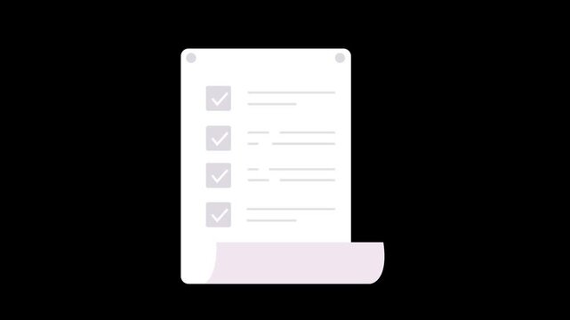 Task checklist document. White document sheet with checkboxes and text lines. 2D motion graphics in 4K resolution with alpha channel.