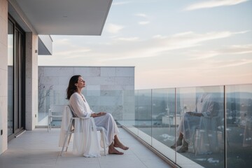 Obraz premium Woman relaxing on balcony during a quiet digital detox in modern setting