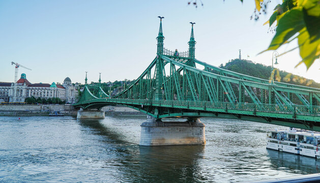 The Liberty Bridge or Freedom Bridge in Budapest, Hungary, connects Buda and Pest across the Danube river.
