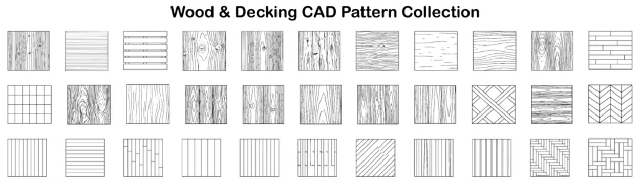 Wood and Decking CAD Pattern Collection Wooden Plank Textures, Parquet Layouts, Timber Grain Surfaces and Flooring Designs &ndash; CAD Block Set Top View, Clean Thin Line Architectural Style