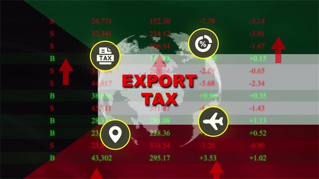 Export Tax and Global Trade: A conceptual graphic representing export tax and global trade, overlaid on a flag with financial data and icons indicating travel, location, and shipping.