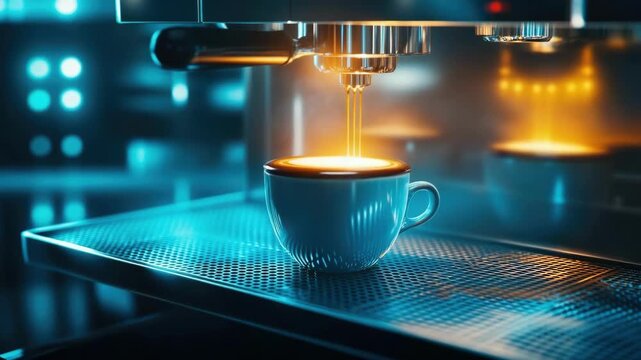 Steaming espresso cup on modern espresso machine in ambient light