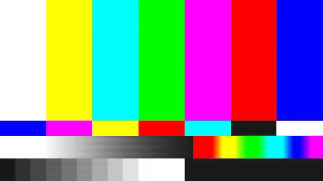 No signal screen glitch VHS color bars loop animation, Retro broadcast screen damage motion graphics