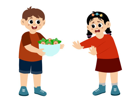 Little kid doesn't like vegetables. vector illustration