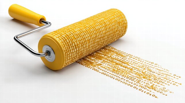 A paint roller applying binary code, symbolizing data transformation and technology.