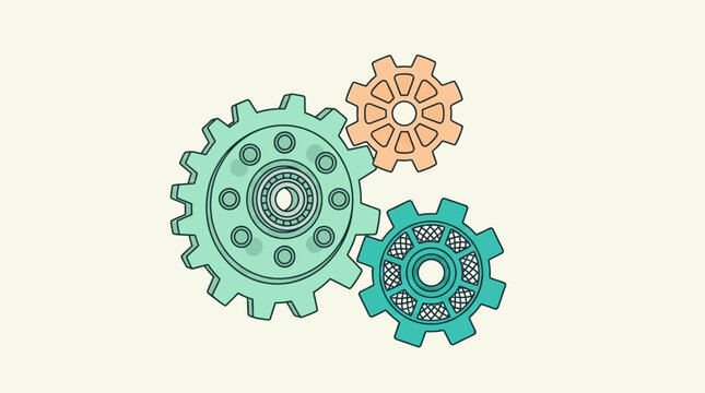 three interlocking gears in a pastel flat design style representing a complex mechanism teamwork and business solution process