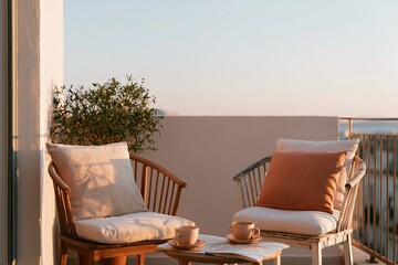 Obraz premium Shaded apartment terrace featuring two mismatched chairs with cushions, a small table, and a potted plant, illuminated by warm evening light