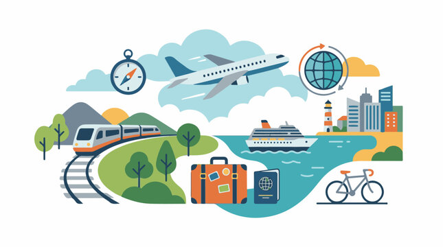 A stylized illustration of various travel-related icons and modes of transportation
