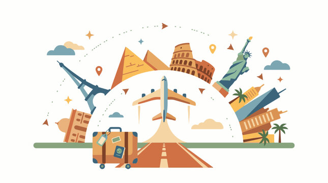 A stylized illustration showcasing famous landmarks and travel symbols