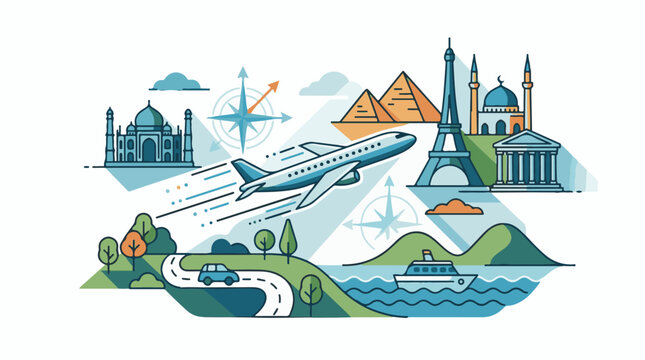 A stylized illustration showcasing landmarks, transportation modes and a compass