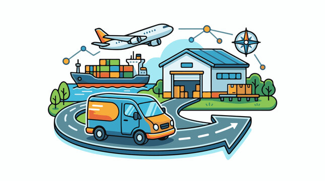 A stylized illustration showing a warehouse with a van driving on a road leading to it, a cargo ship in the background, and a plane flying overhead