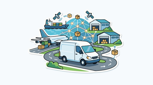 A stylized illustration showing various modes of transportation