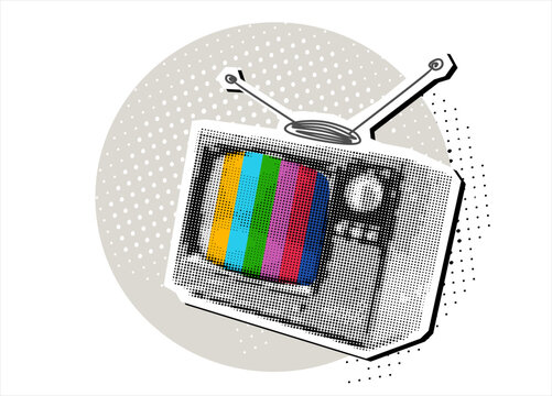 Trendy Halftone Collage Old TV. No Signal. Mixed media design. Modern collage style. Vector illustration