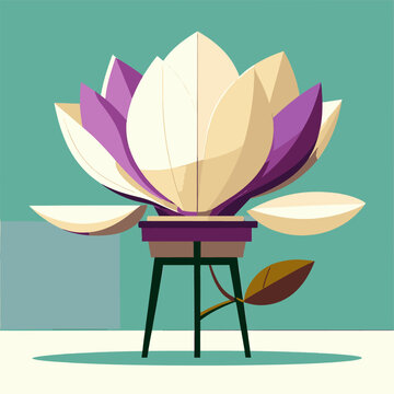 A stylized lotus flower with large petals sits atop a purple pot with green legs