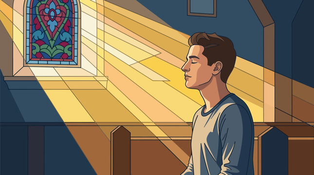 young man meditating in a church bathed in sunlight from a stained glass window evoking spiritual reflection and inner peace.