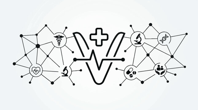 A stylized medical symbol with interconnected nodes and icons