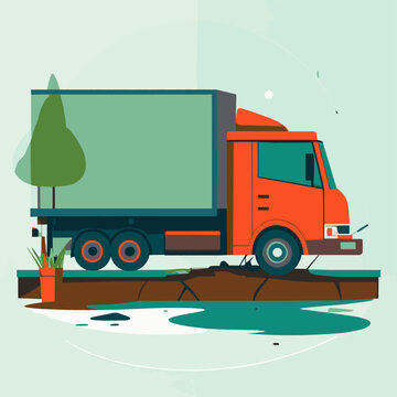 A stylized orange truck beside a tree on a raised platform