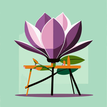 A stylized purple flower with green leaves on a mint background