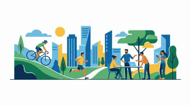 A vibrant city park scene with people engaging in various activities