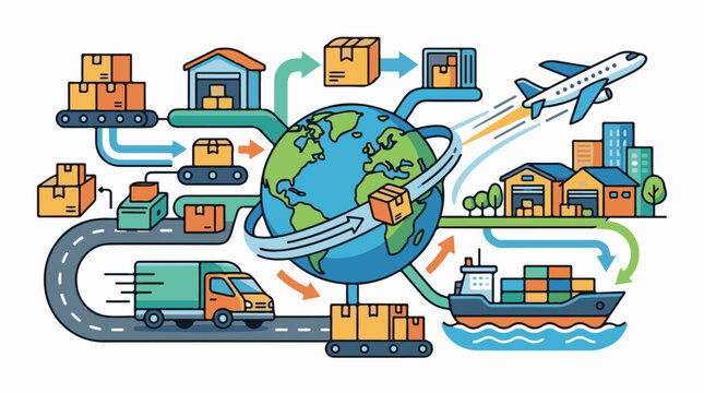 A vibrant infographic depicts global shipping and logistics