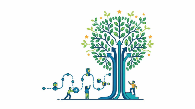A stylized tree with green leaves and blue trunks