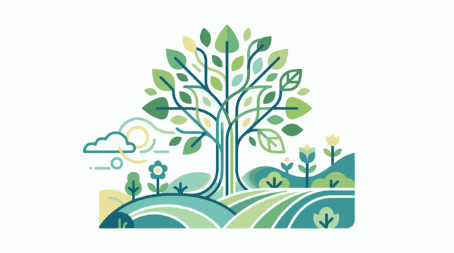 A stylized tree with green leaves and flowers on rolling hills