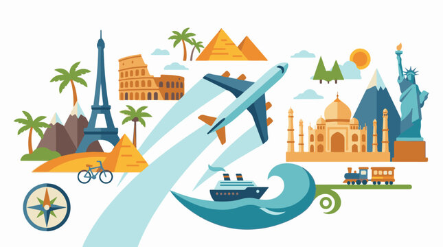 A vibrant illustration of various landmarks and vehicles