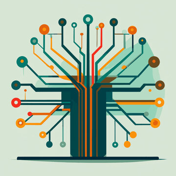 A stylized tree-like structure made of circuit board lines and colorful nodes