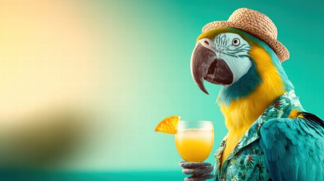 A vibrant parrot enjoys a tropical cocktail, embodying relaxation and vacation vibes.