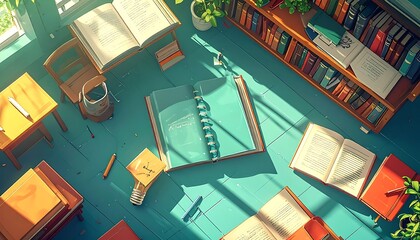 Obraz premium A cluttered study room with books, desks, and plants