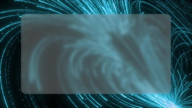 A modern tech video backdrop features cyber cyan particle lines zooming dynamically from the top corner. The frosted glass card adds a premium overlay effect to the high energy graphic style.