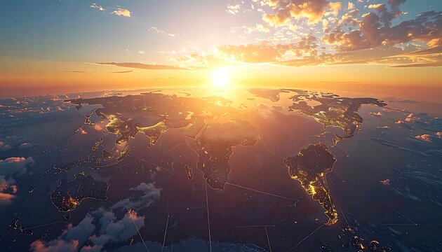 Aerial view of the Earth at sunrise with clouds and illuminated cities