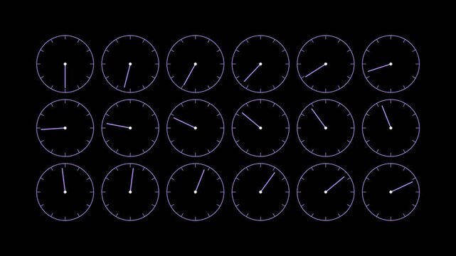 Minimalist clock grid animation: multiple time zones and syncing concept animation