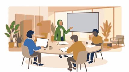 Fototapeta premium A woman in a green headscarf presents to three colleagues at a table