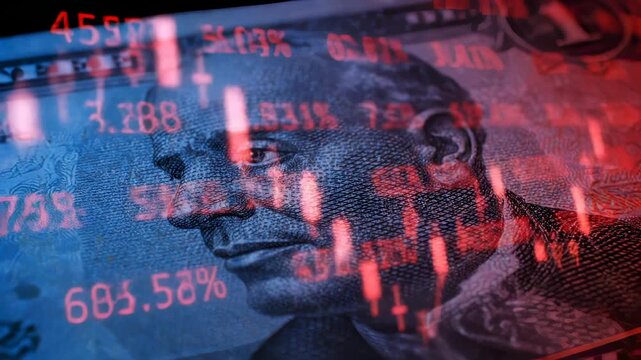 Pound sterling shows crisis with falling percentages and red chart overlay on banknote. Currency displays market decline data. Pound with crisis percentages. Financial loss on sterling with falling