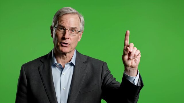 Business executive gesturing with finger during green screen interview explaining concept with subtle facial expressions and focus on communication