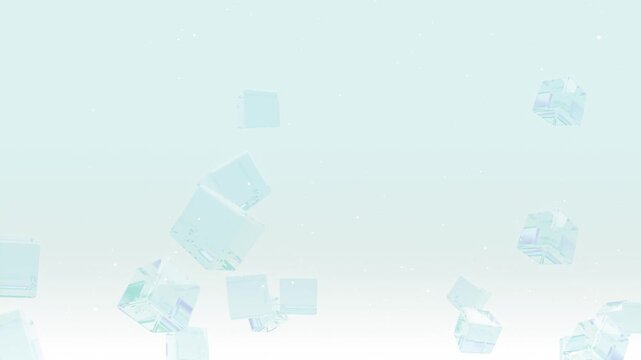 透明なガラスのキューブがゆっくり斜めに上昇するパステルブルーのループ背景動画 / Transparent Glass Cube Slowly Ascending Diagonally on Pastel Blue Seamless Loop Background