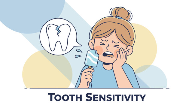 Pained young girl experiencing severe tooth sensitivity after biting into a cold ice cream popsicle in a flat vector design.