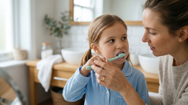 Mother Teaching Child Tooth Brushing Routine