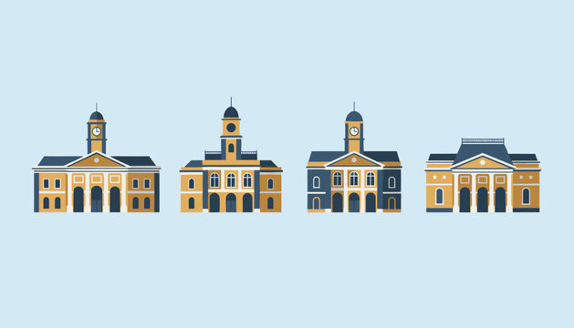 Set of classical architectural municipal buildings and historic city halls with clock towers in a flat vector design.