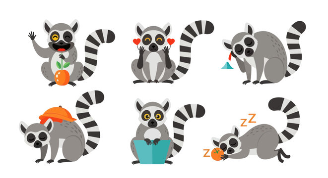 Cute ring tailed lemur character set with different emotions