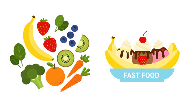 Healthy fresh fruits and vegetables next to a banana split dessert