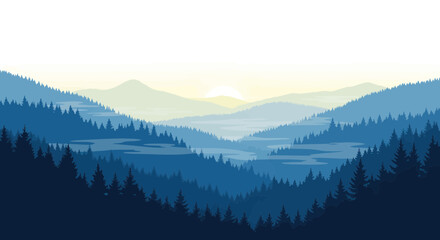 Serene blue mountain range with coniferous forest at dawn © doung