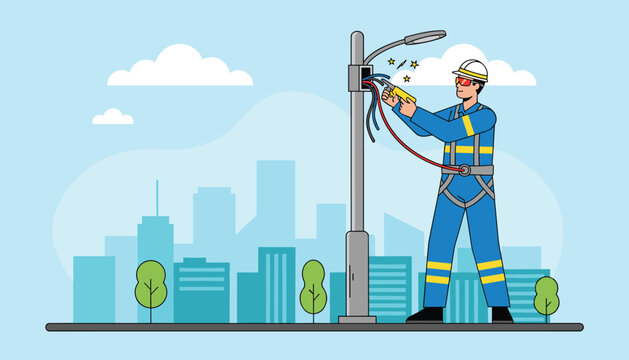 Professional electrician wearing safety gear repairs street lamp wiring against a blue city skyline backdrop.